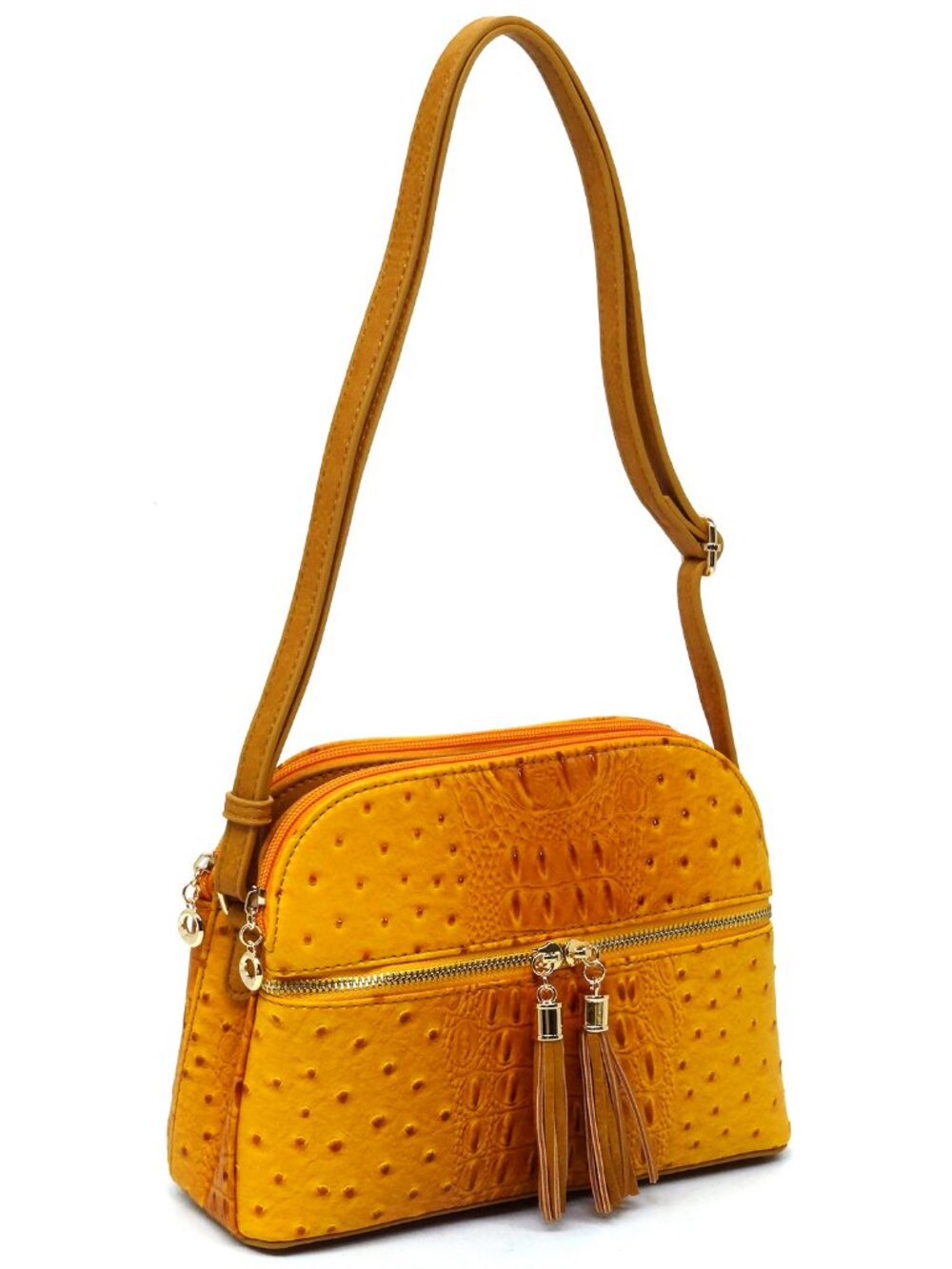 Ostrich Zip Tassel Multi Compartment Crossbody Bag - Mustard